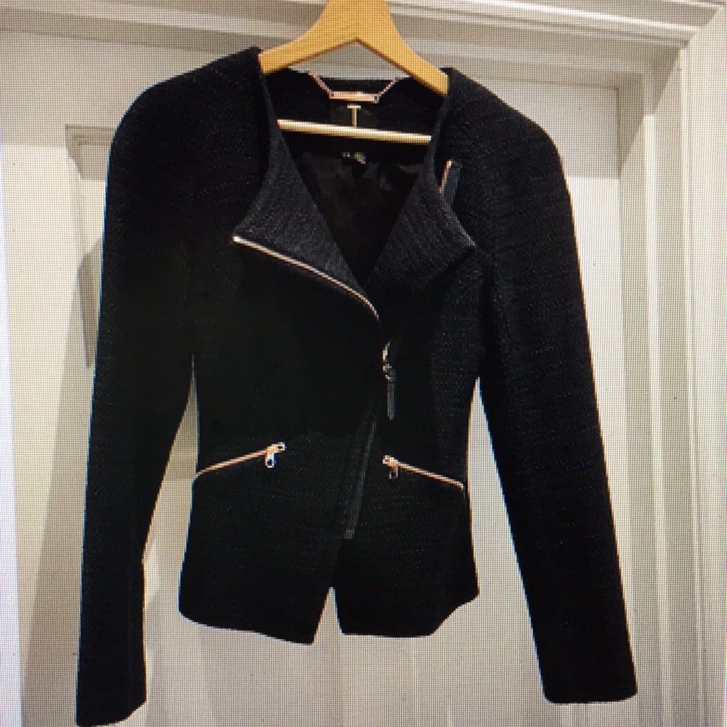 Ted Baker Euc Lined Navy Black Jacket With Rosegold Zipper Accents Size 2